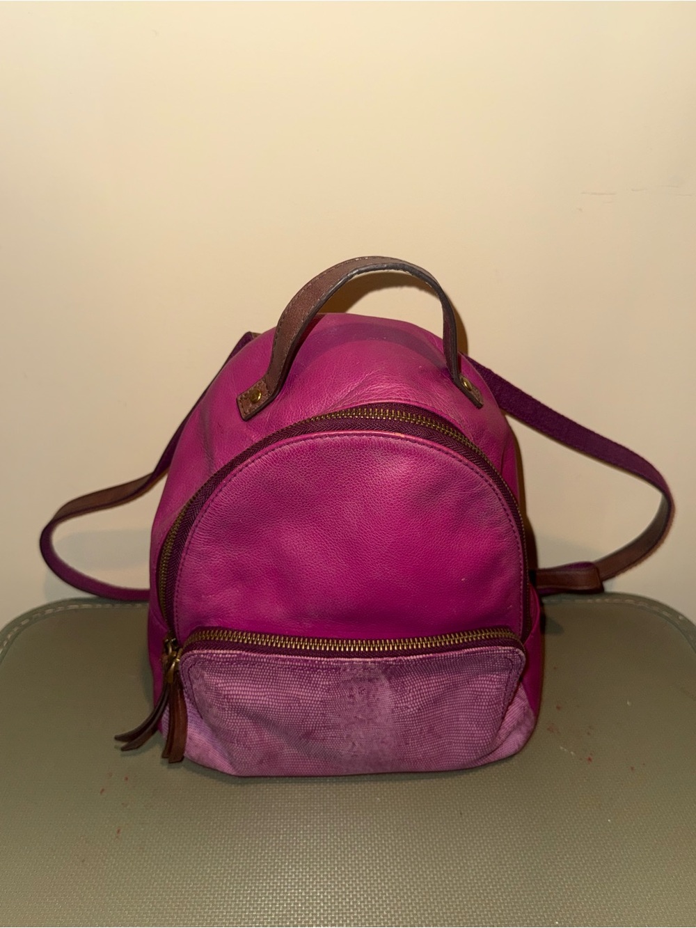 Fossil Magenta Leather Mini Backpack with Brown Accents